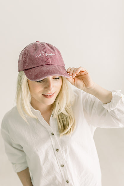 Cat Mom Embroidered Pigment-Dyed Baseball Cap (MoonTime Font) - Adult Unisex